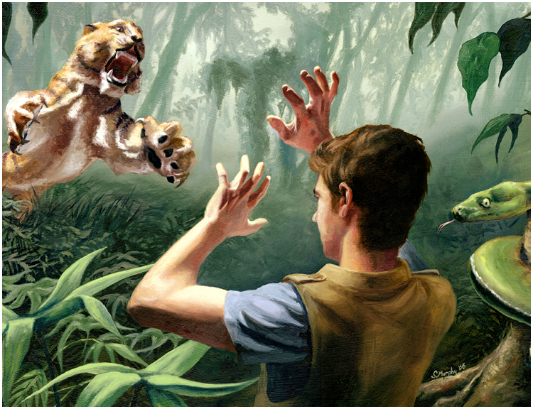Adult Alex being charged by a Wild Tiger • Art by Scott Murphy